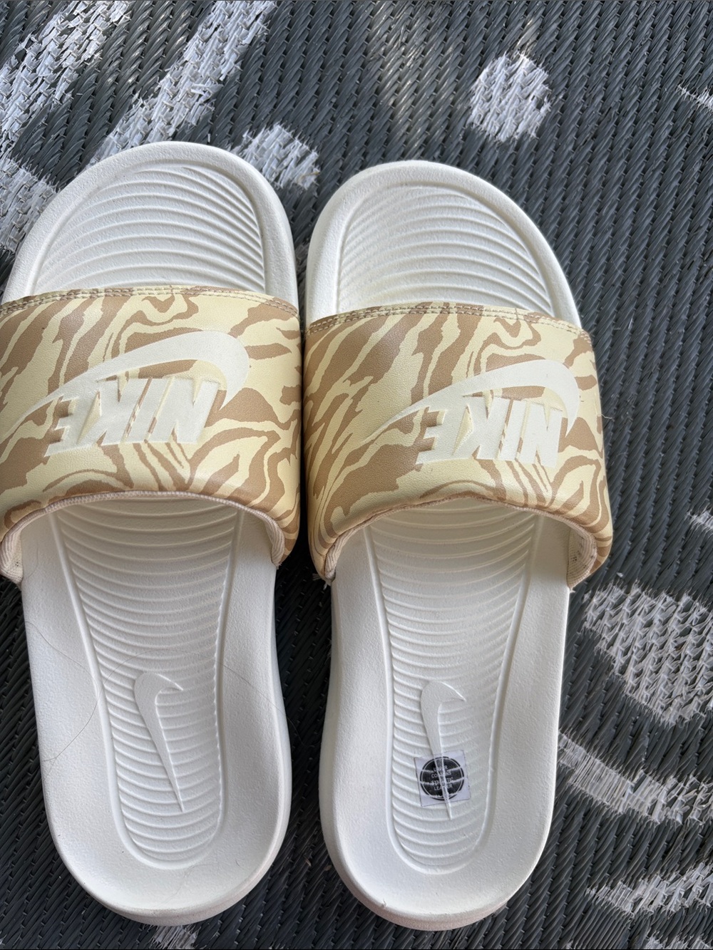 Nike Women's White Slides with Tan Zebra-Print Strap